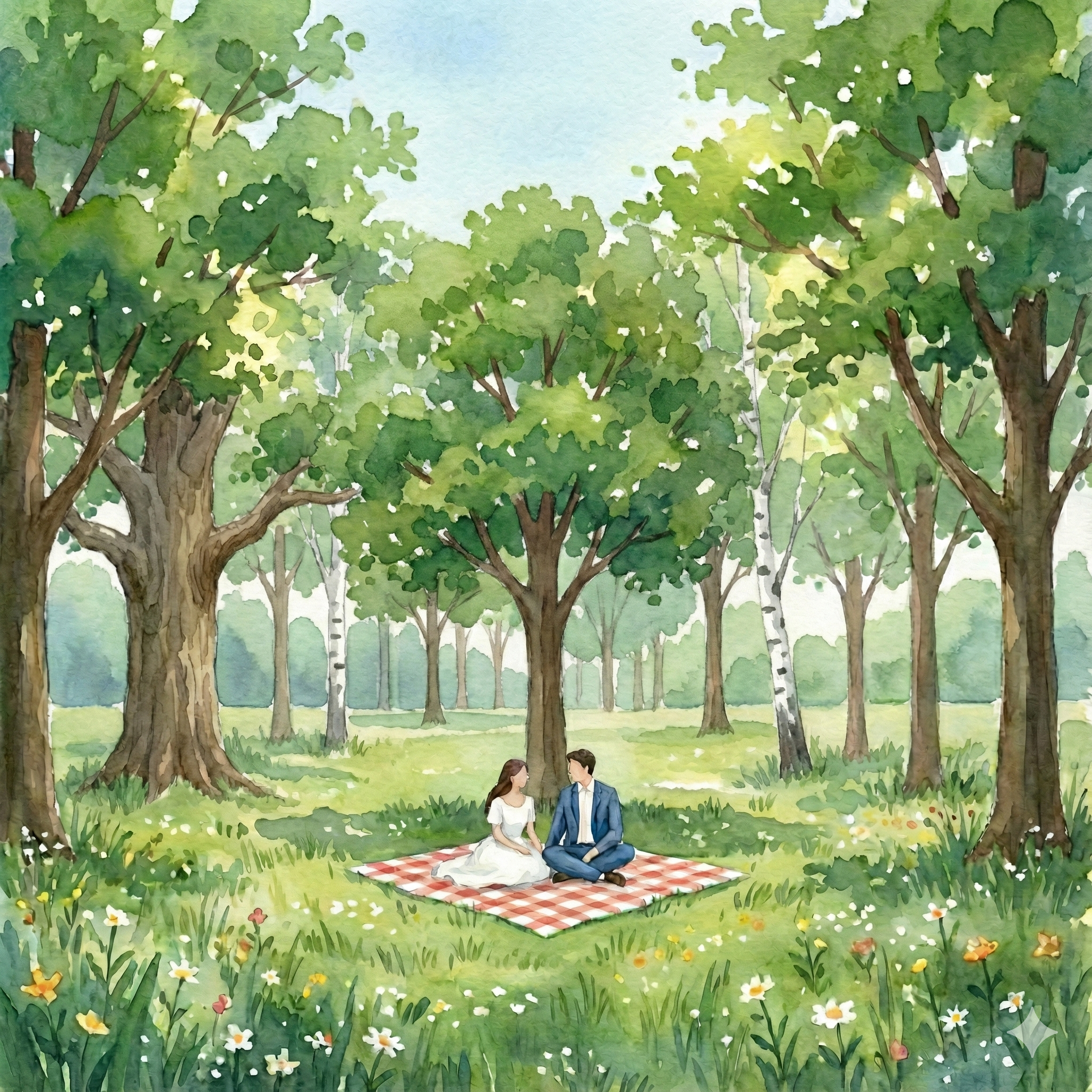 Aline and Arnaud sitting on a blanket in tree cover